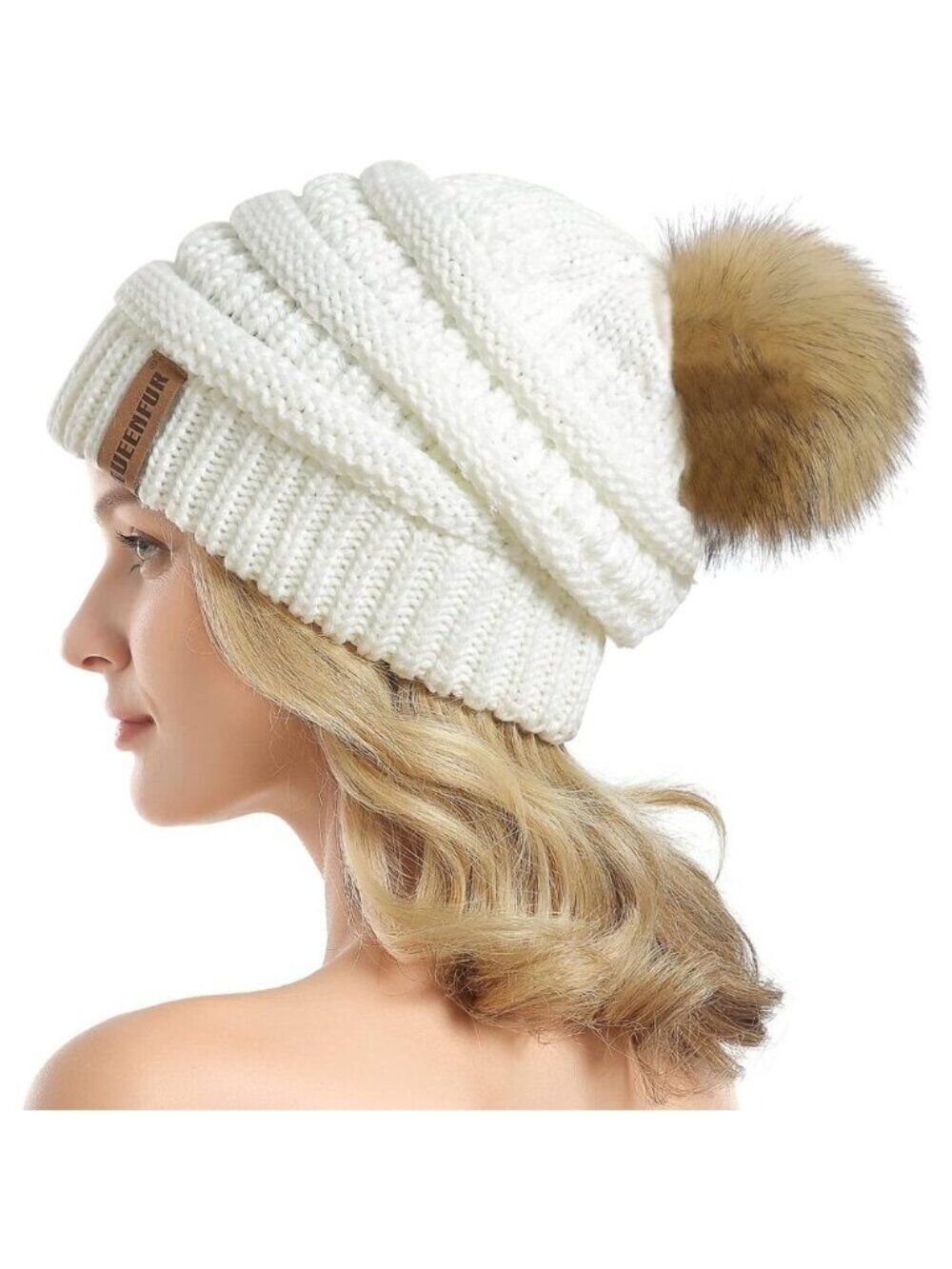 Women White 2 Soft Acrylic Thick Baggy Knit Winter Faux Fur Pompom Beanie